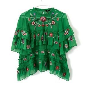 Zara Green ruffle embroidered blouse